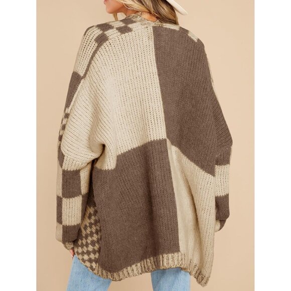Womens Oversized Checkered Sweater Knit Open Front Cardigan Size Small - Picture 5 of 5